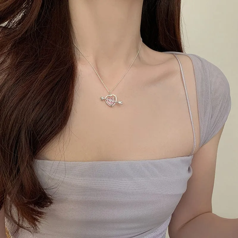 Dainty CZ Inlaid Pink Crystal Cupid Arrow Heart Necklace
