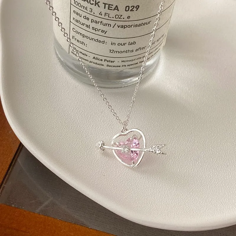 Dainty CZ Inlaid Pink Crystal Cupid Arrow Heart Necklace