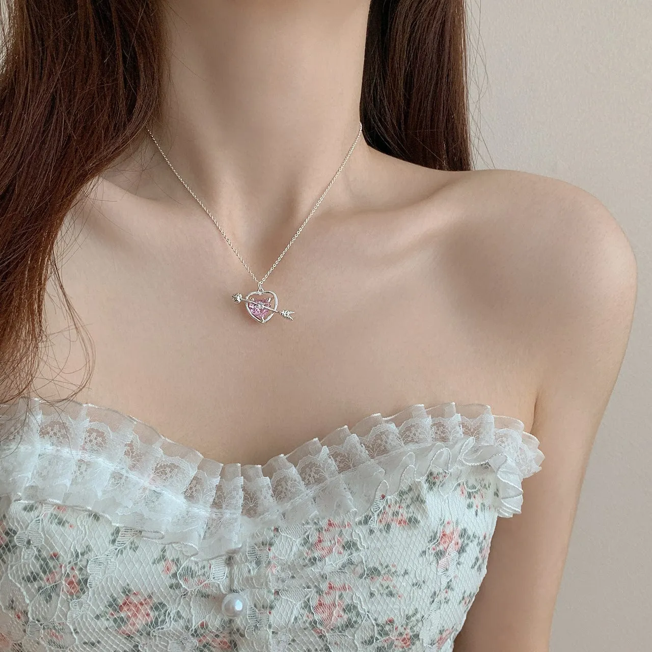 Dainty CZ Inlaid Pink Crystal Cupid Arrow Heart Necklace