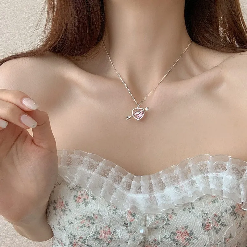 Dainty CZ Inlaid Pink Crystal Cupid Arrow Heart Necklace