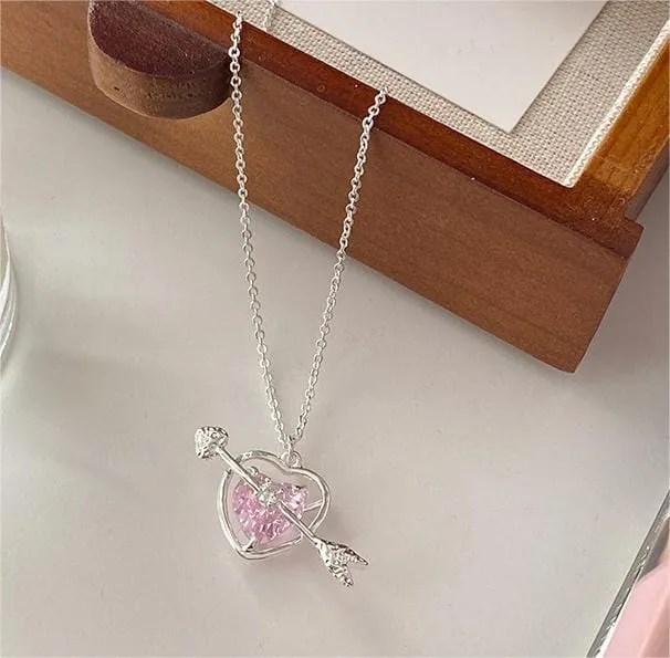 Dainty CZ Inlaid Pink Crystal Cupid Arrow Heart Necklace