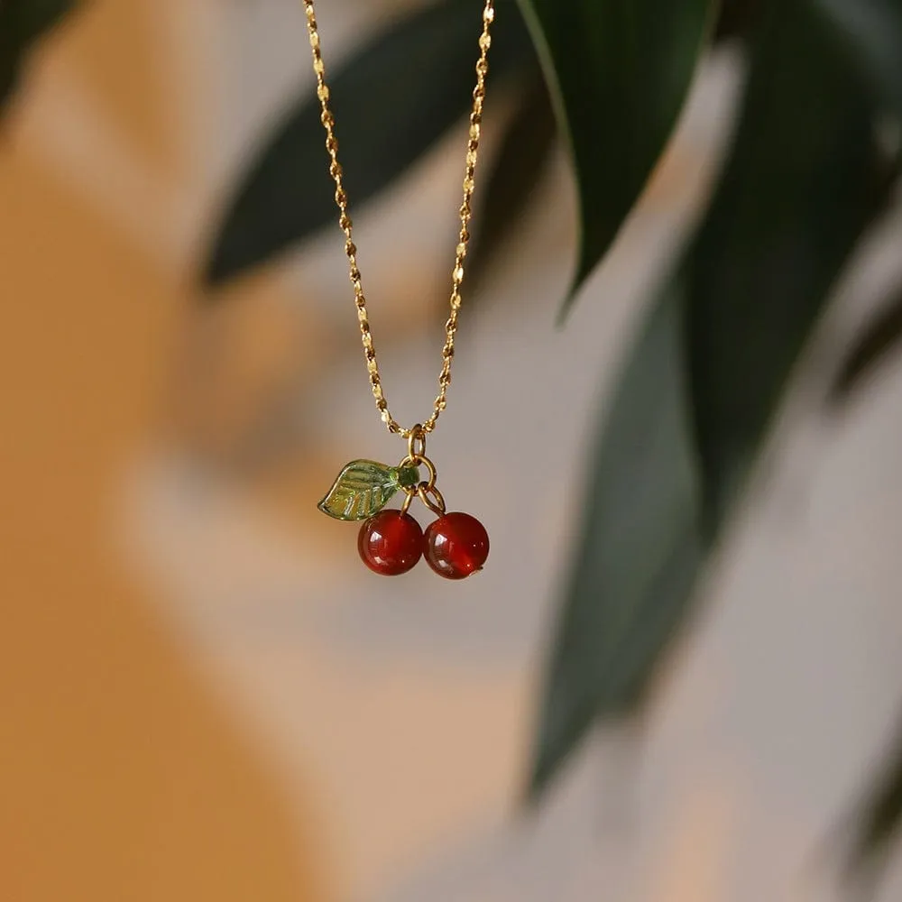 Dainty Handmade Crystal Cherry Pendant Necklace