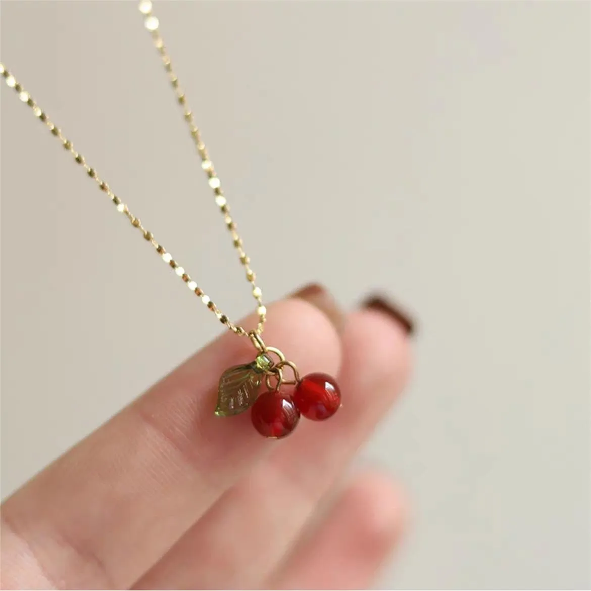 Dainty Handmade Crystal Cherry Pendant Necklace
