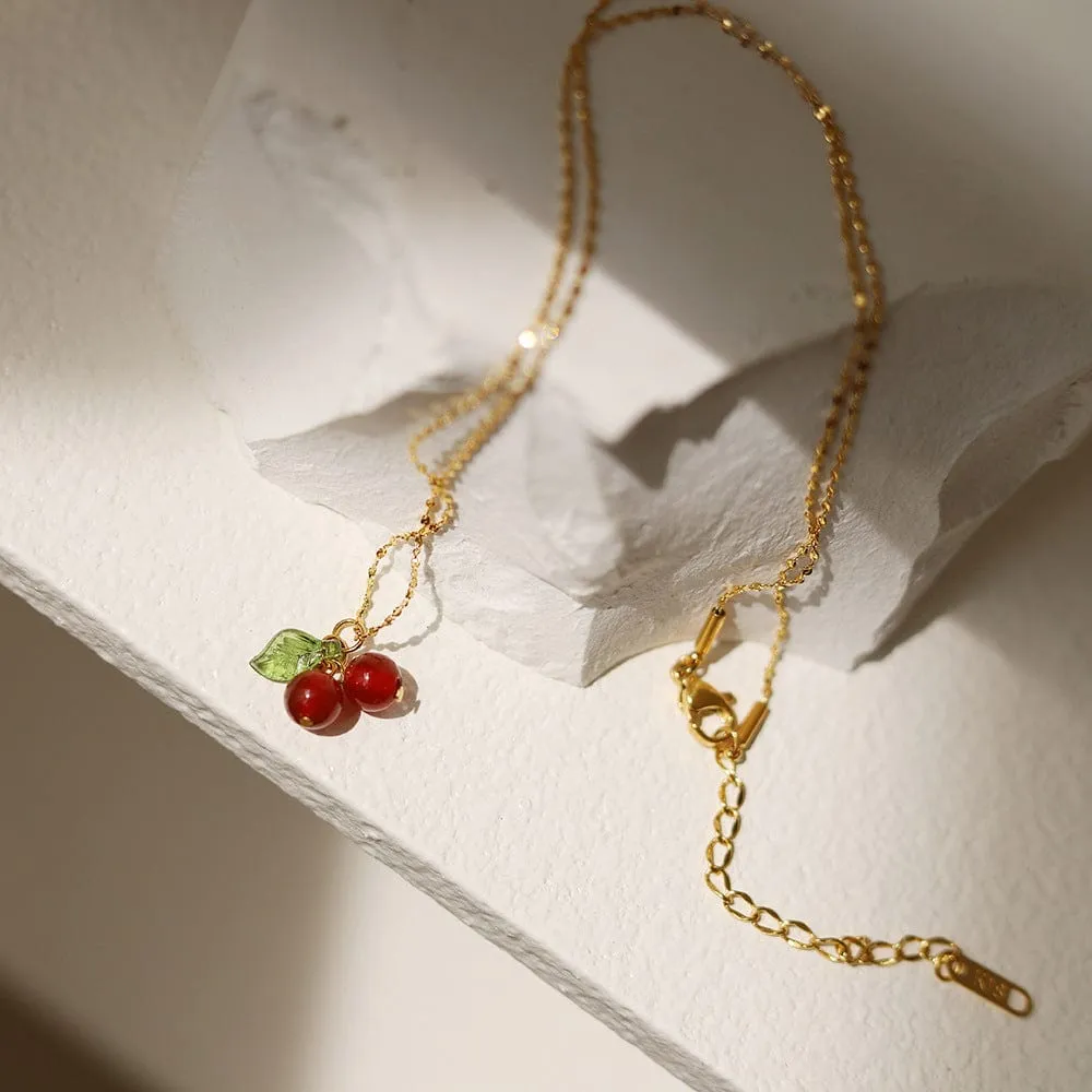 Dainty Handmade Crystal Cherry Pendant Necklace