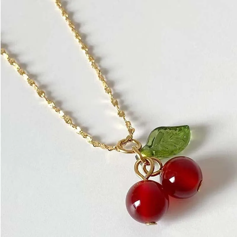 Dainty Handmade Crystal Cherry Pendant Necklace