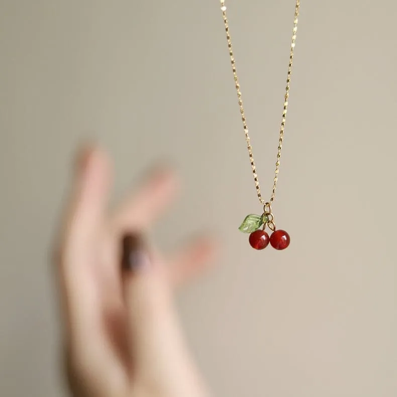 Dainty Handmade Crystal Cherry Pendant Necklace