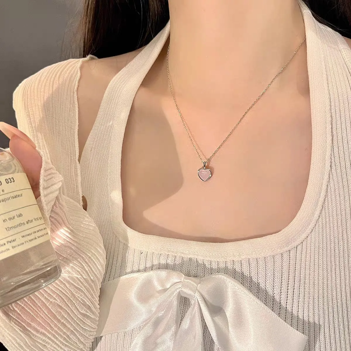 Dainty S925 Silver Pink Opal Heart Necklace