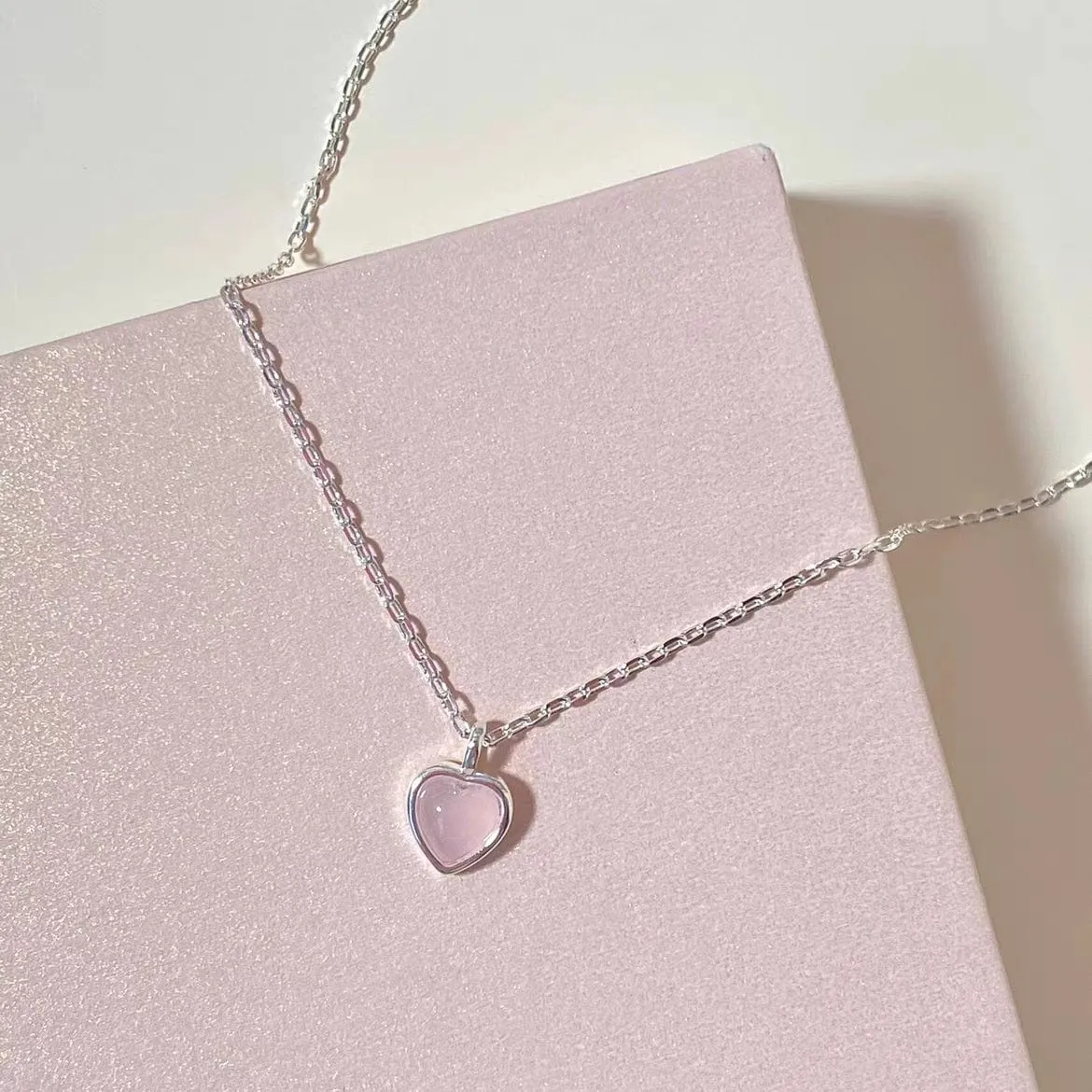 Dainty S925 Silver Pink Opal Heart Necklace