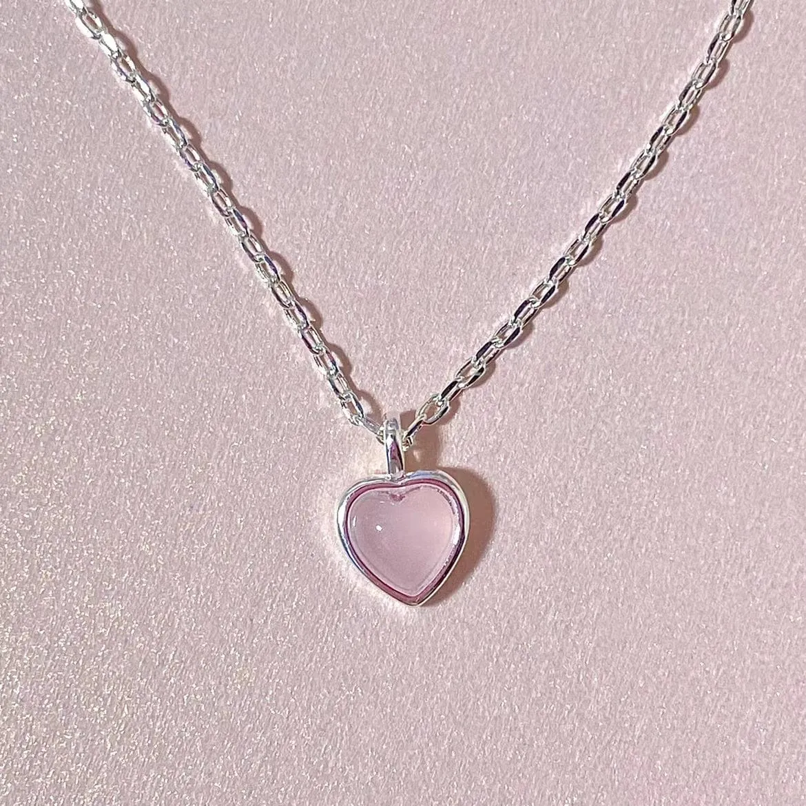 Dainty S925 Silver Pink Opal Heart Necklace