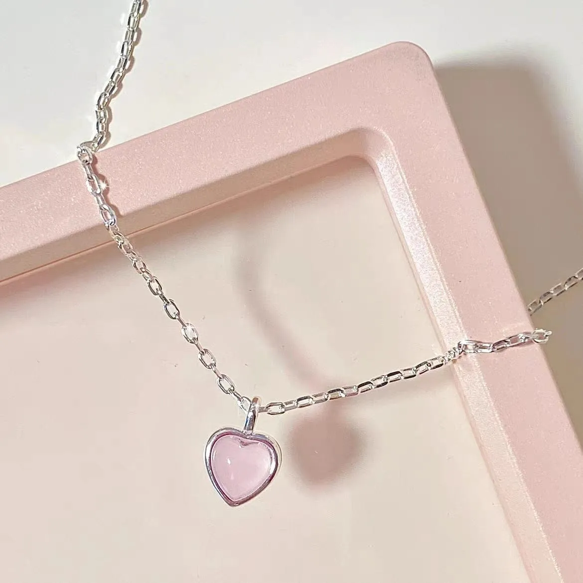 Dainty S925 Silver Pink Opal Heart Necklace