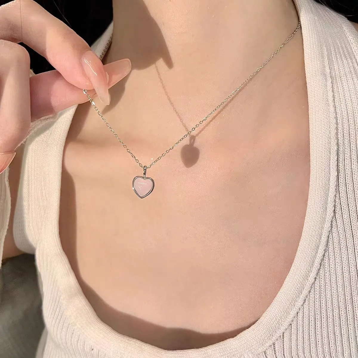Dainty S925 Silver Pink Opal Heart Necklace