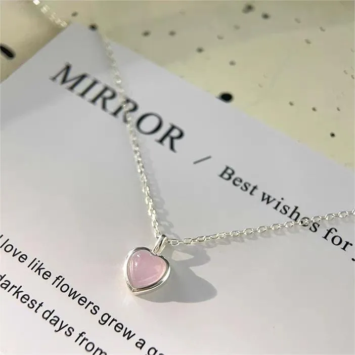Dainty S925 Silver Pink Opal Heart Necklace