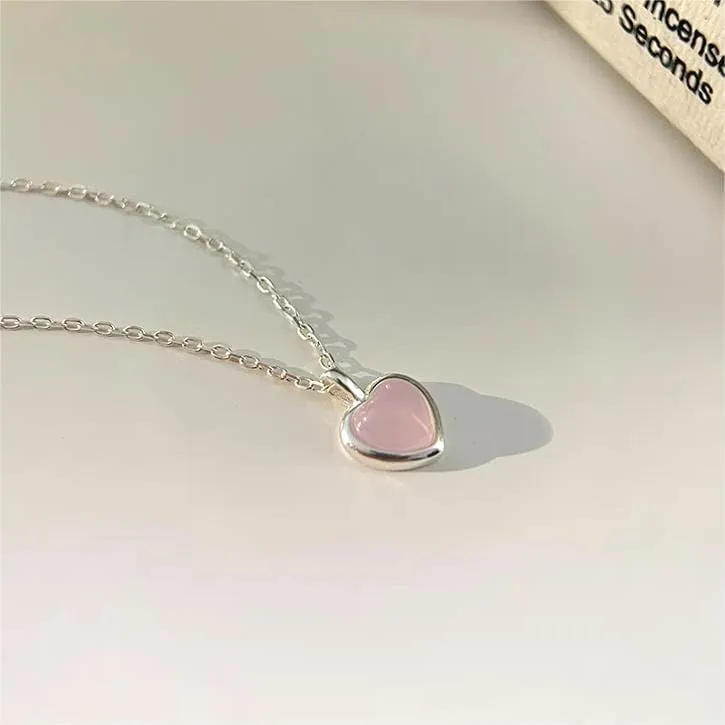 Dainty S925 Silver Pink Opal Heart Necklace
