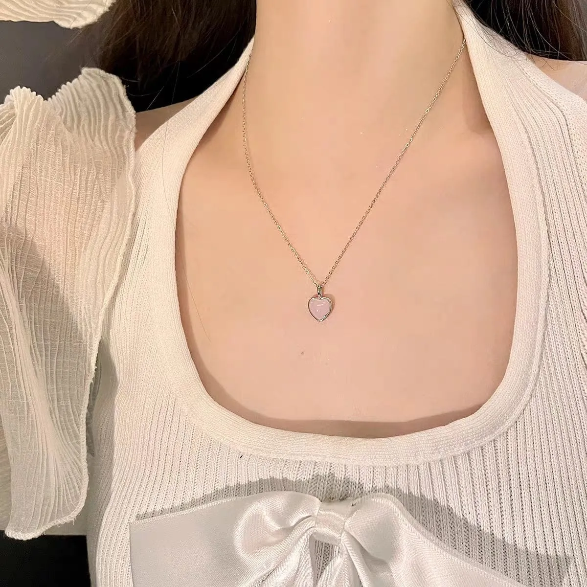 Dainty S925 Silver Pink Opal Heart Necklace