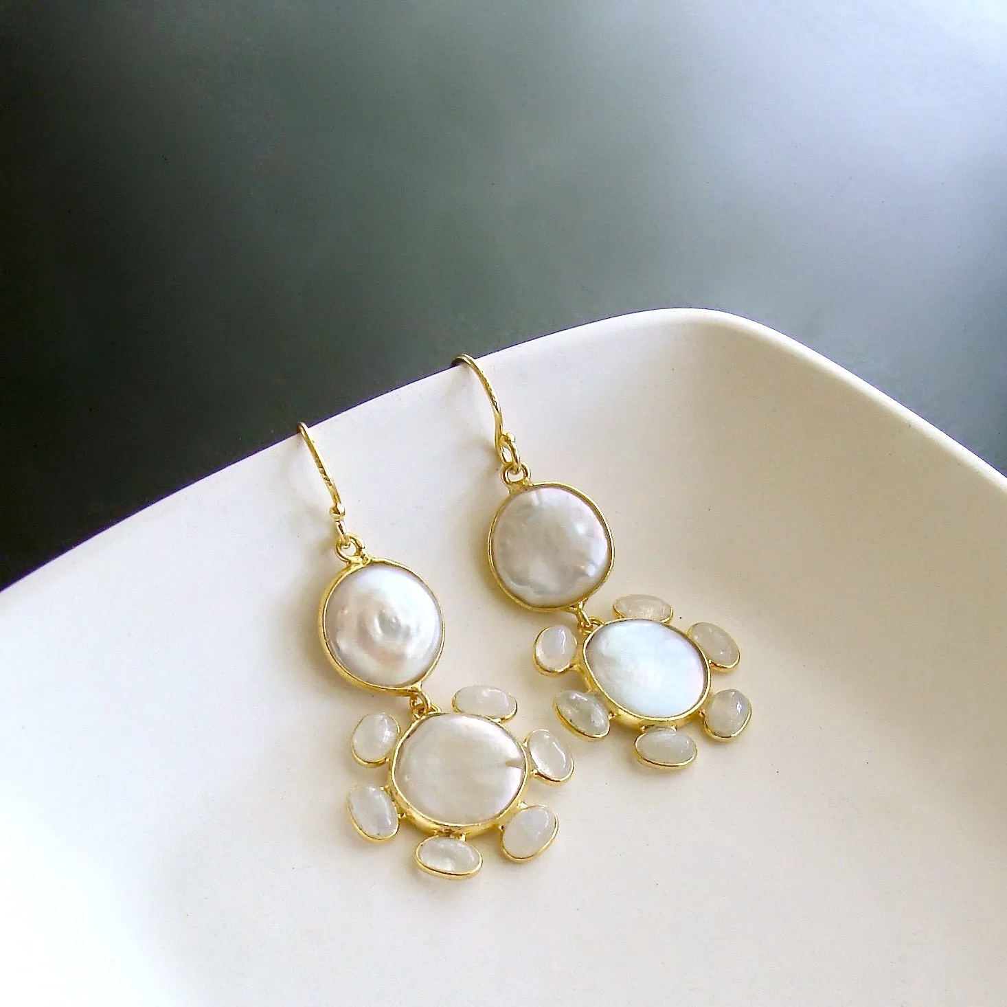 Daisy Moonstone Pearls Drop Earrings