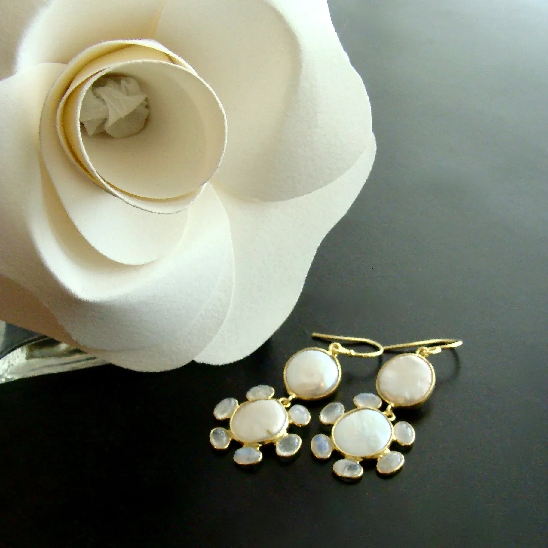 Daisy Moonstone Pearls Drop Earrings