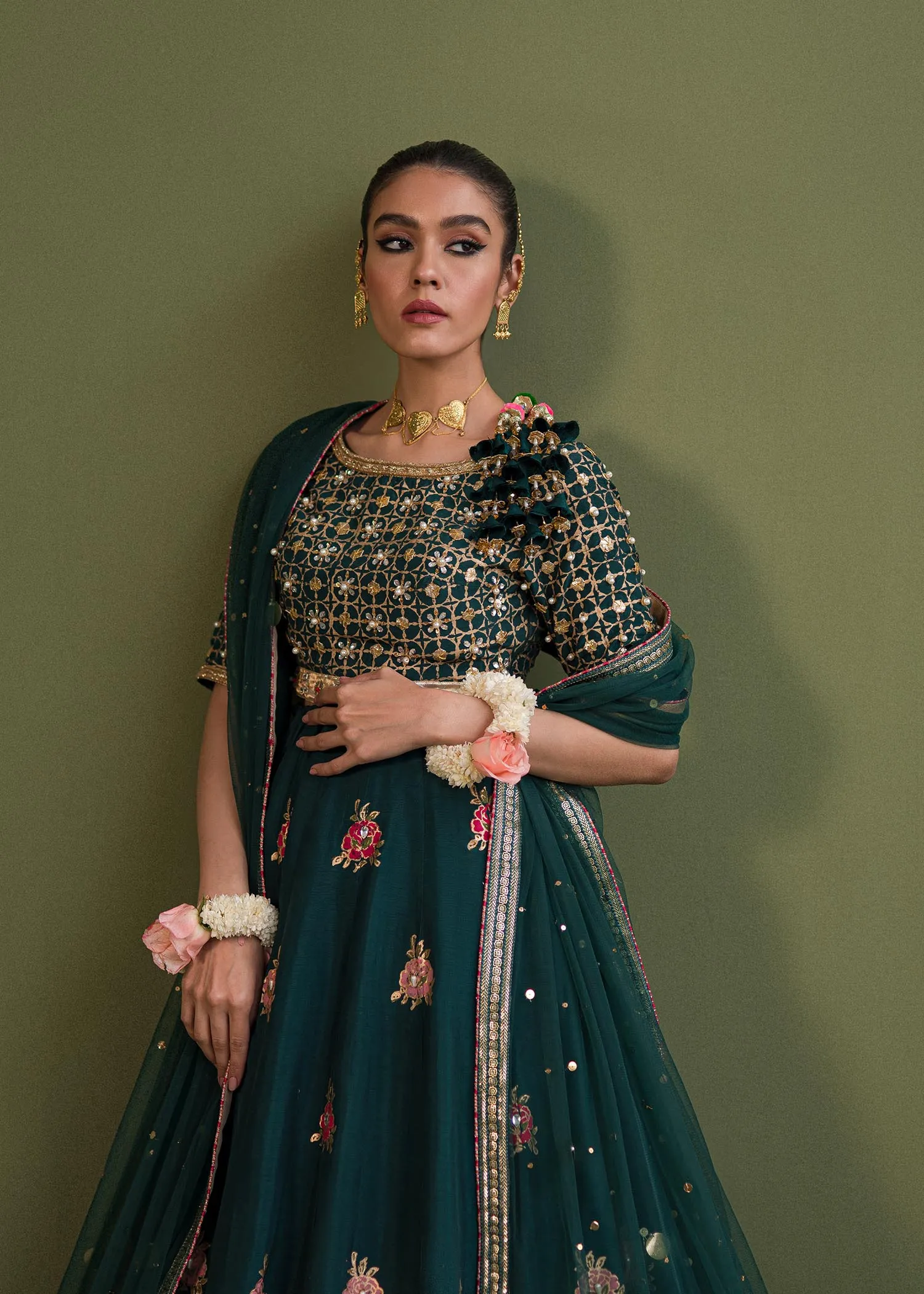 Dark Green Tilla Embellished Pakistani Wedding Lehenga Coli Dupatta