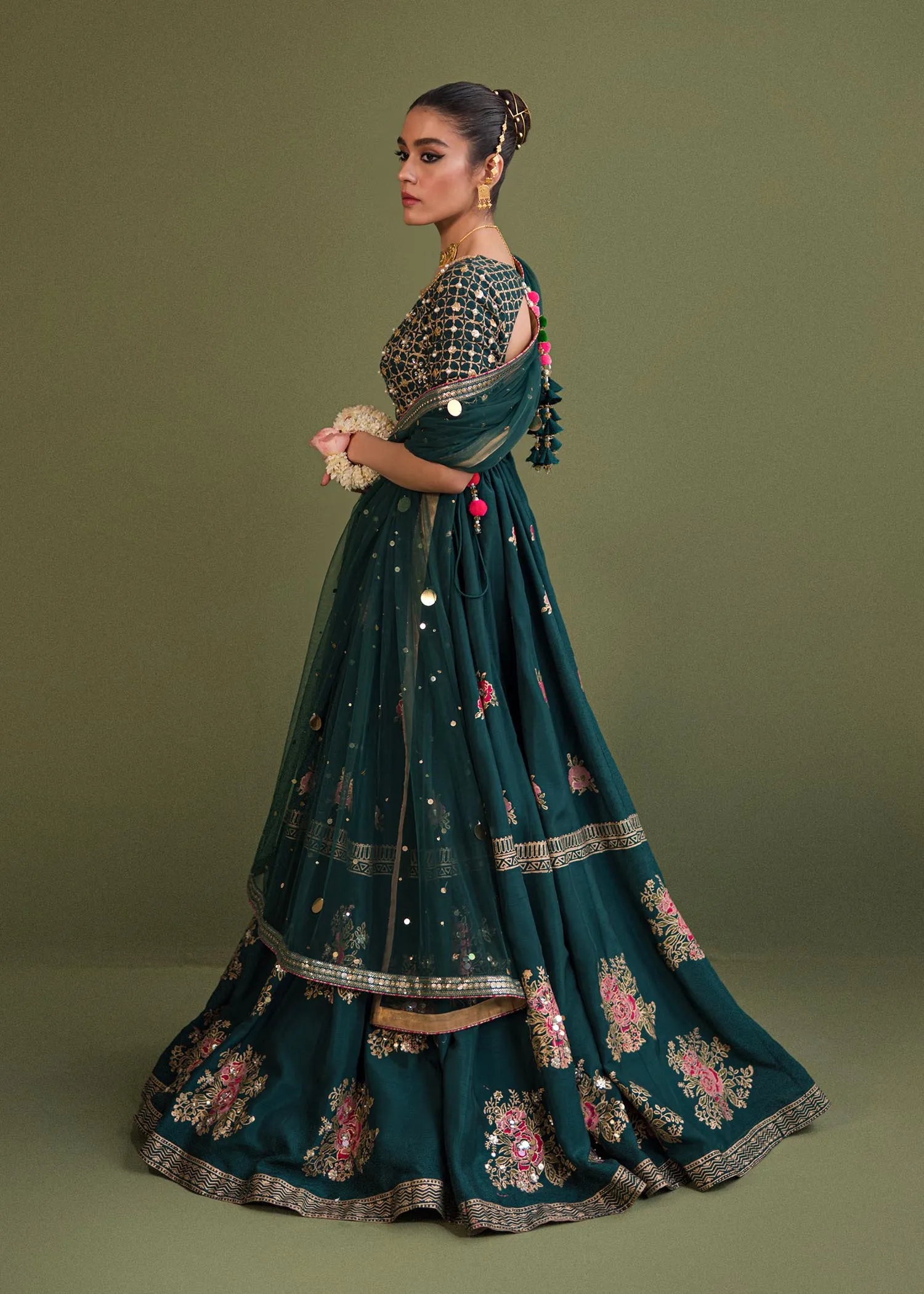 Dark Green Tilla Embellished Pakistani Wedding Lehenga Coli Dupatta