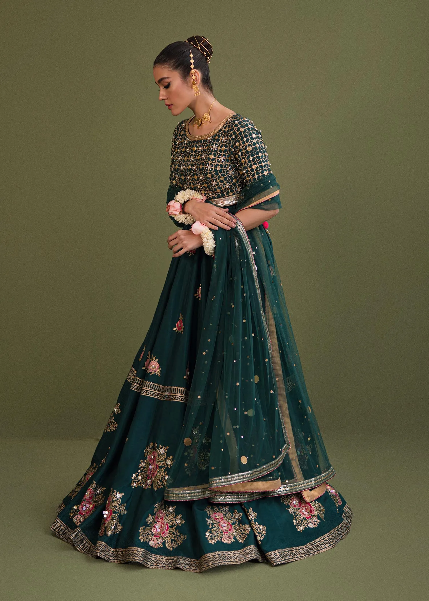 Dark Green Tilla Embellished Pakistani Wedding Lehenga Coli Dupatta