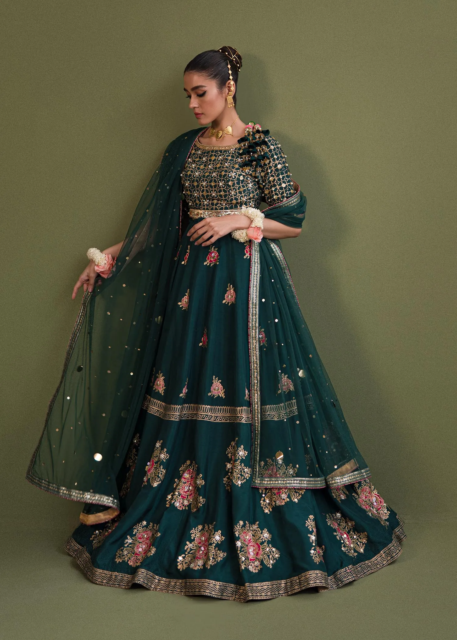 Dark Green Tilla Embellished Pakistani Wedding Lehenga Coli Dupatta
