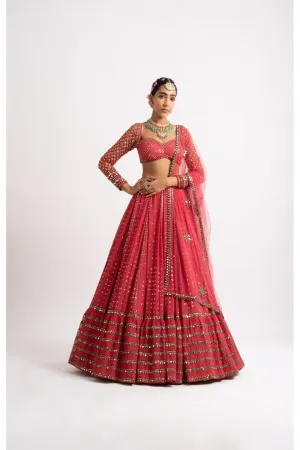 Deep Coral Single Tier Lehenga Set