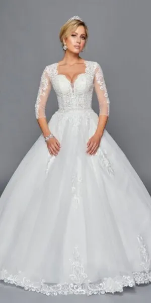 DeKlaire Bridal 436 Mid-Length Sleeve A-Line Wedding Gown V-Neckline Beaded Lace