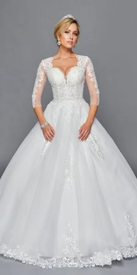 DeKlaire Bridal 436 Mid-Length Sleeve A-Line Wedding Gown V-Neckline Beaded Lace