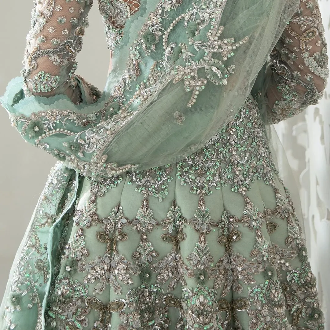 Designer Bridal Embellished Aqua Lehenga For Wedding Wear