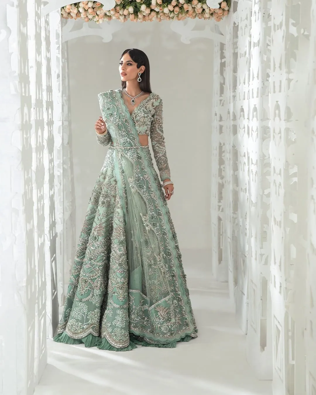 Designer Bridal Embellished Aqua Lehenga For Wedding Wear