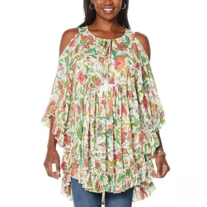 DG2 by Diane Gilman Women's Printed Ruffle Convertible Poncho Blouse