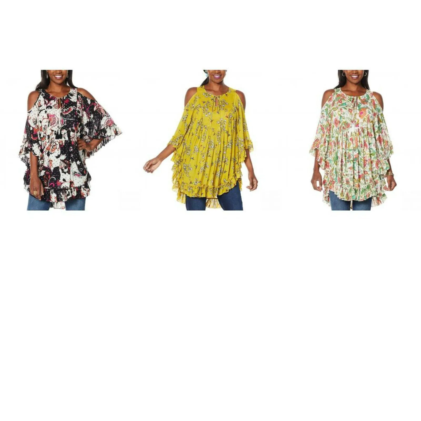 DG2 by Diane Gilman Women's Printed Ruffle Convertible Poncho Blouse