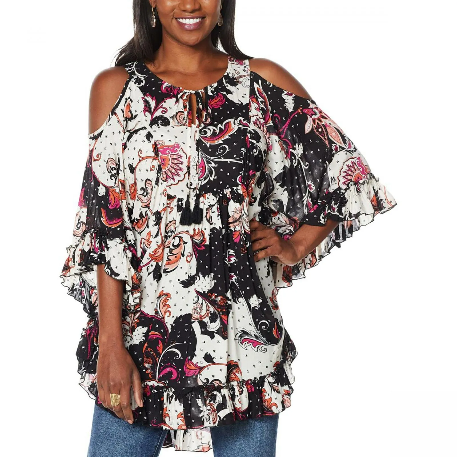 DG2 by Diane Gilman Women's Printed Ruffle Convertible Poncho Blouse
