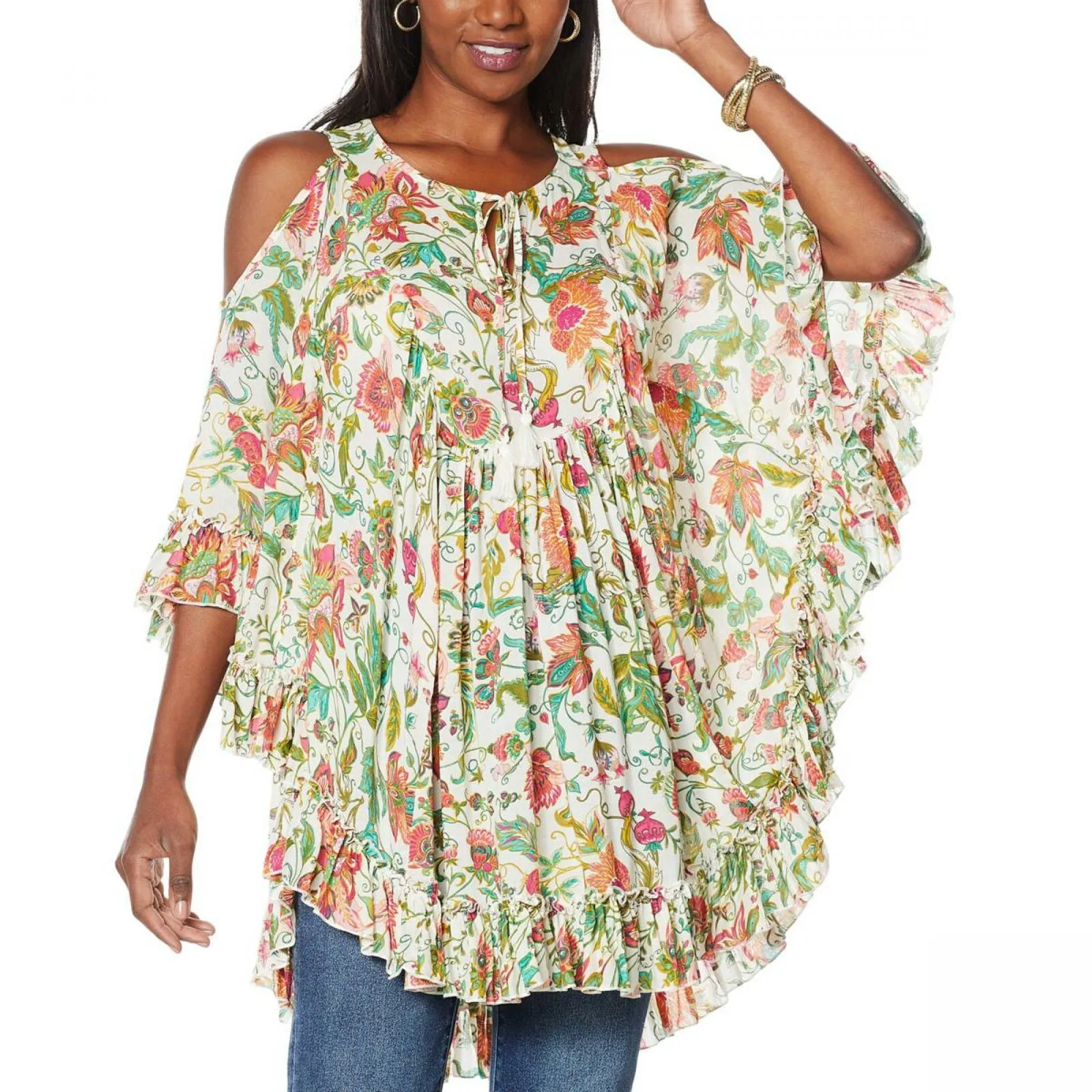 DG2 by Diane Gilman Women's Printed Ruffle Convertible Poncho Blouse