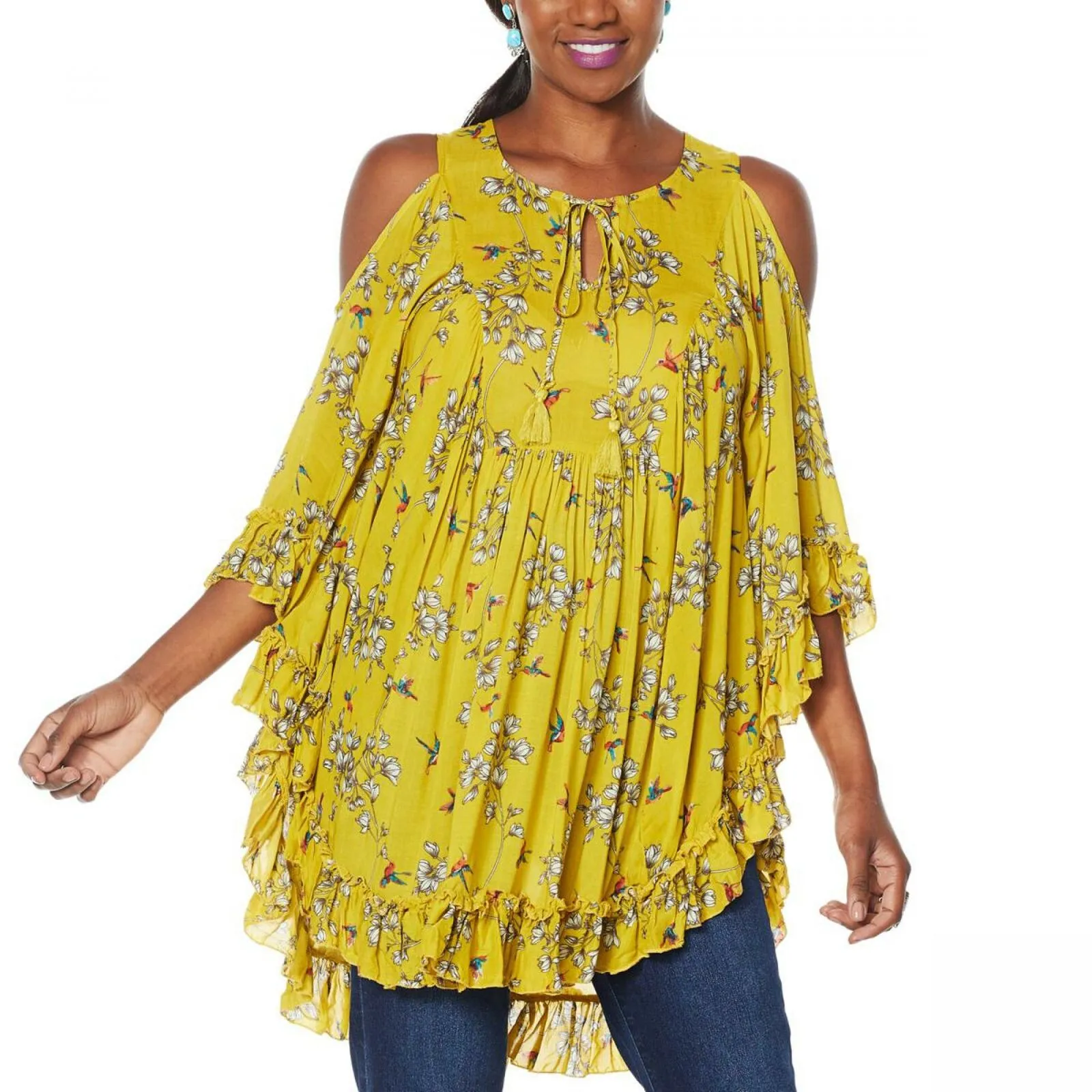 DG2 by Diane Gilman Women's Printed Ruffle Convertible Poncho Blouse
