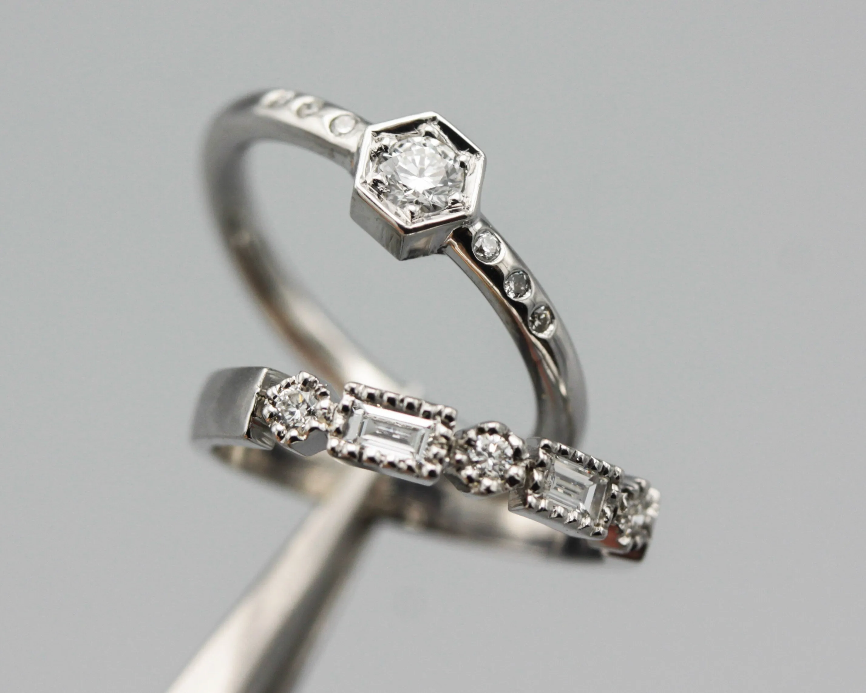 Diamond wedding ring in bezel and prongs setting with white gold band(set of 2)