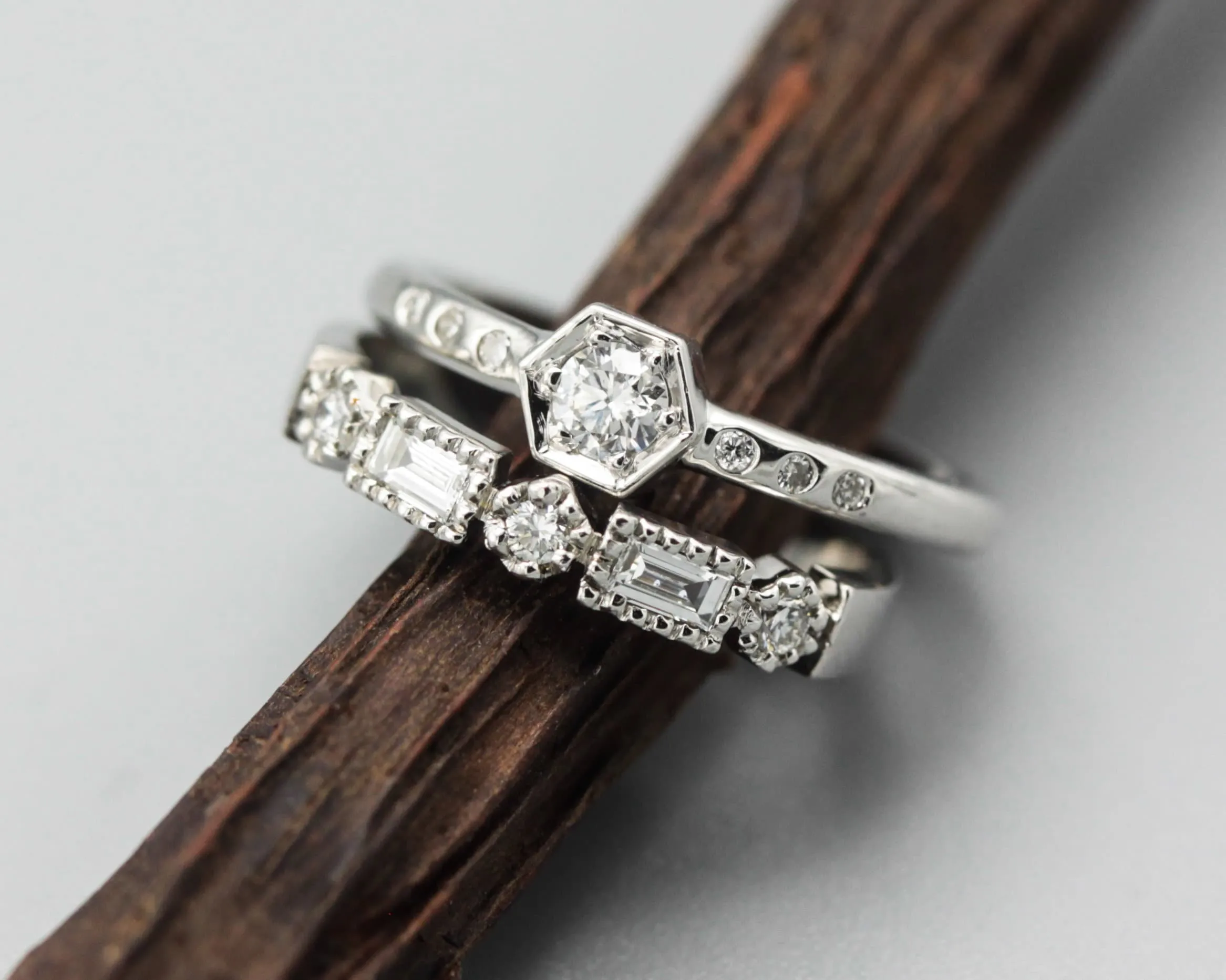 Diamond wedding ring in bezel and prongs setting with white gold band(set of 2)