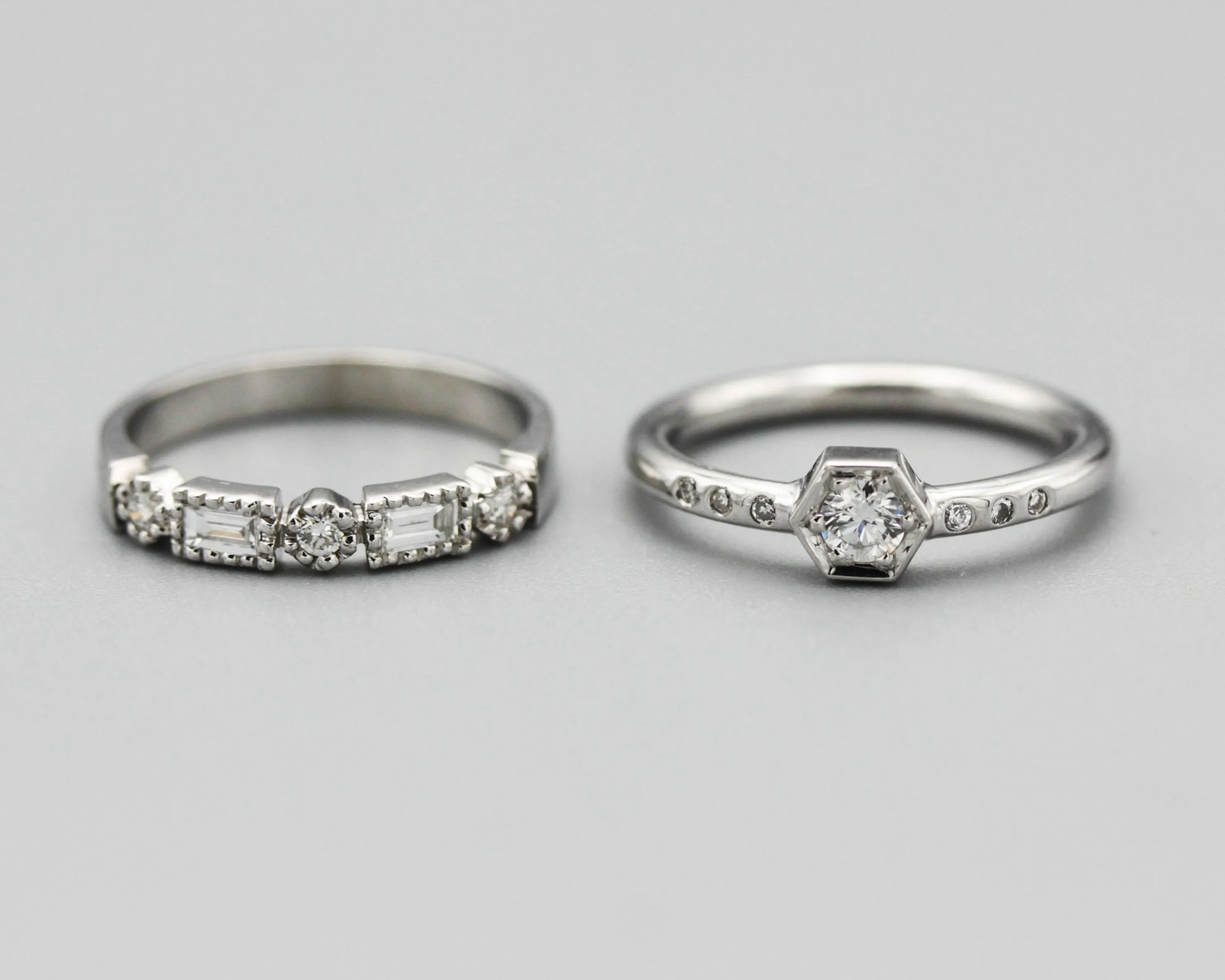 Diamond wedding ring in bezel and prongs setting with white gold band(set of 2)