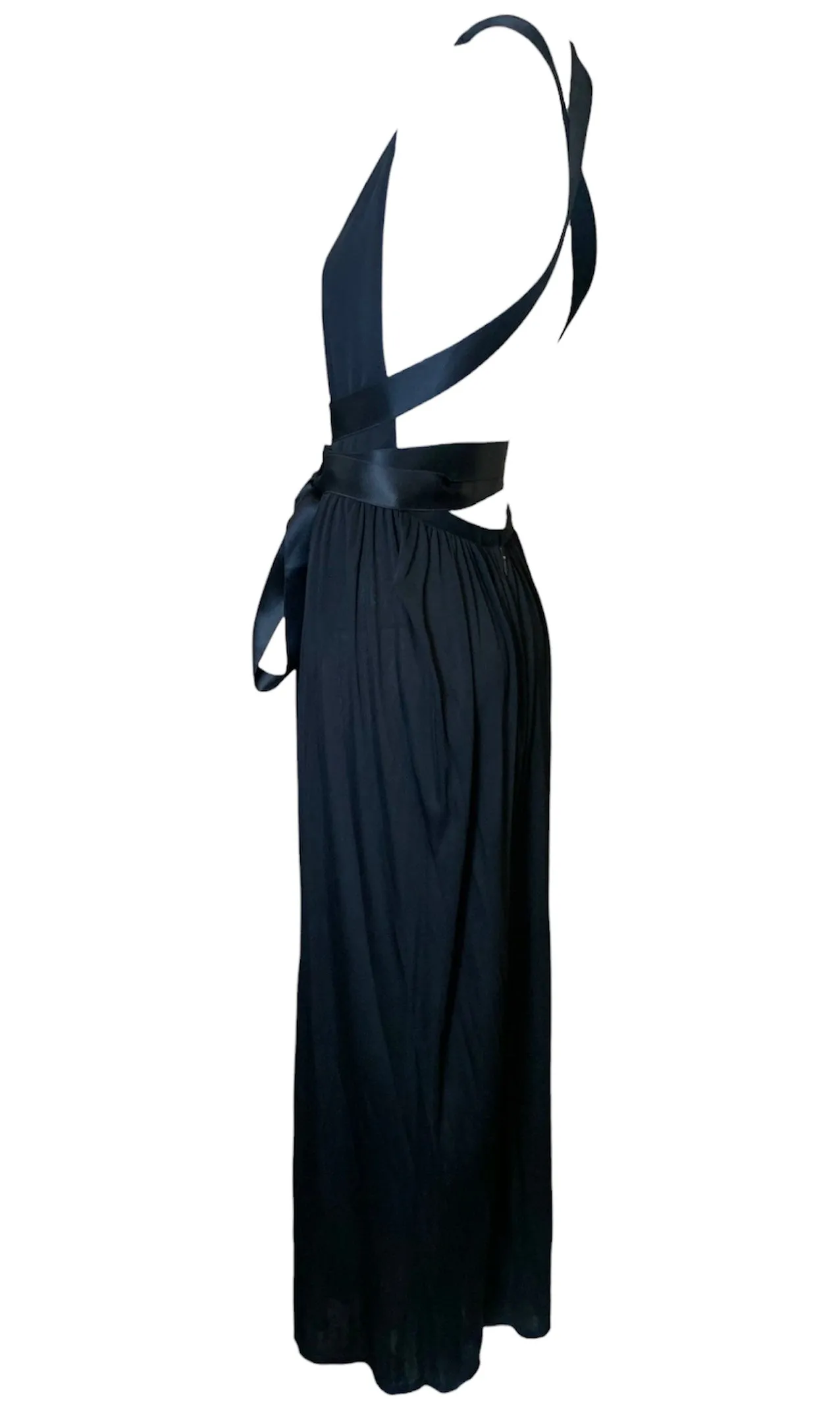 Donald Brooks '70s Black Jersey Halter Gown with Satin Ties