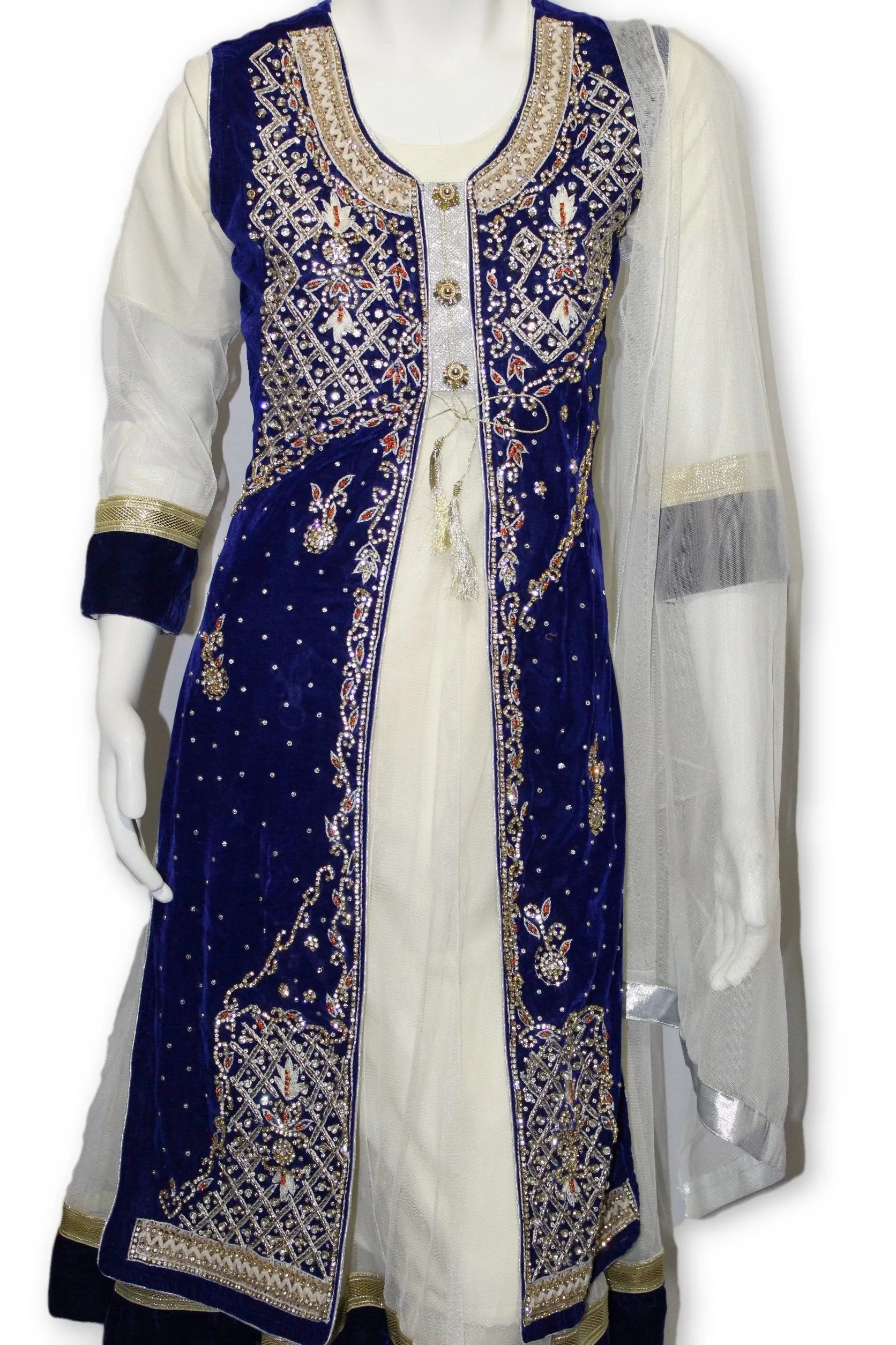 E23 Royal Blue Velvet Jacket 4 Pcs with Long Shirt Party Wear Pakistan Indian Style