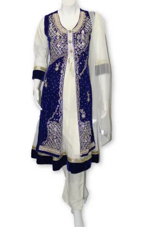 E23 Royal Blue Velvet Jacket 4 Pcs with Long Shirt Party Wear Pakistan Indian Style