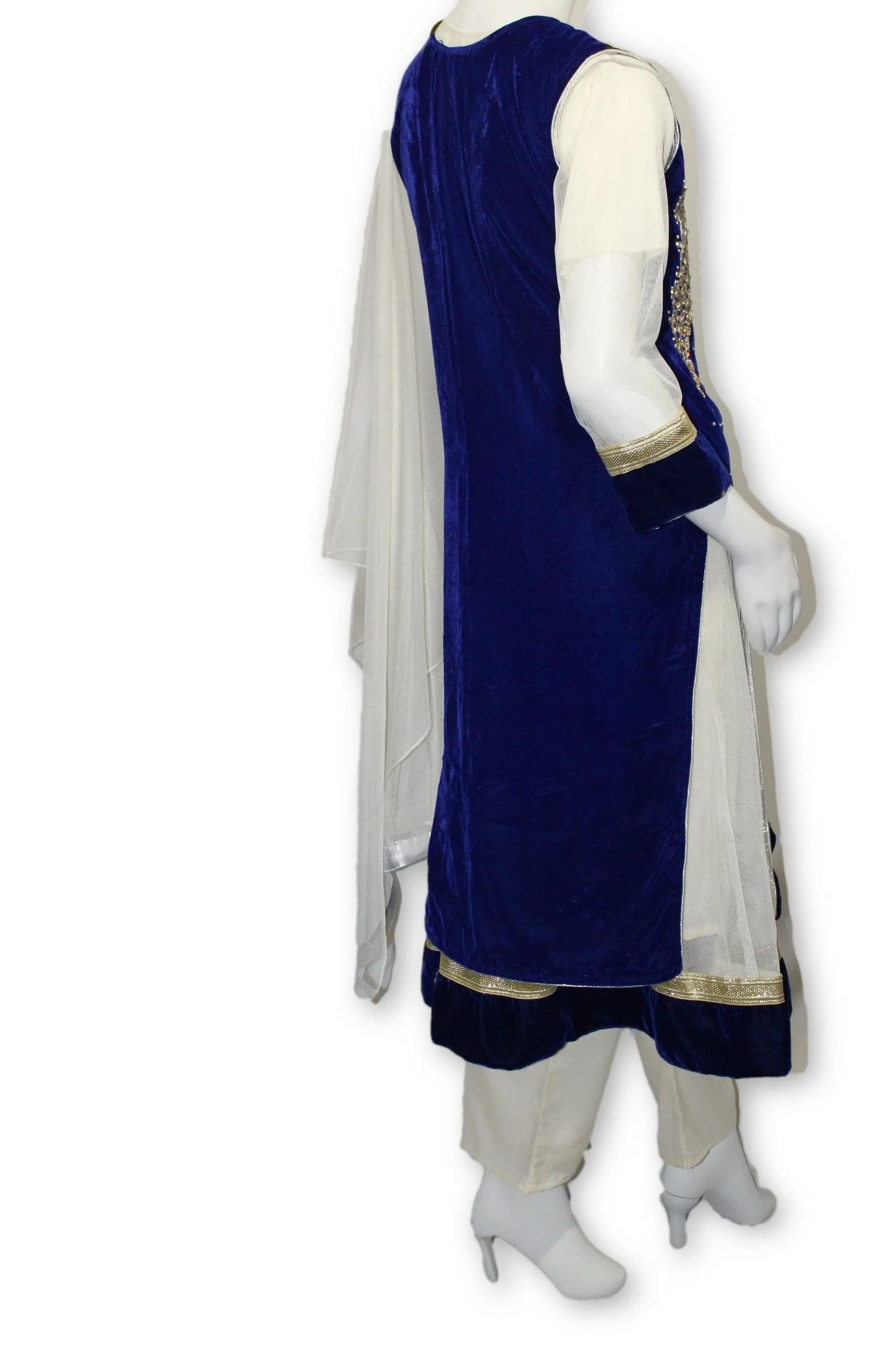 E23 Royal Blue Velvet Jacket 4 Pcs with Long Shirt Party Wear Pakistan Indian Style