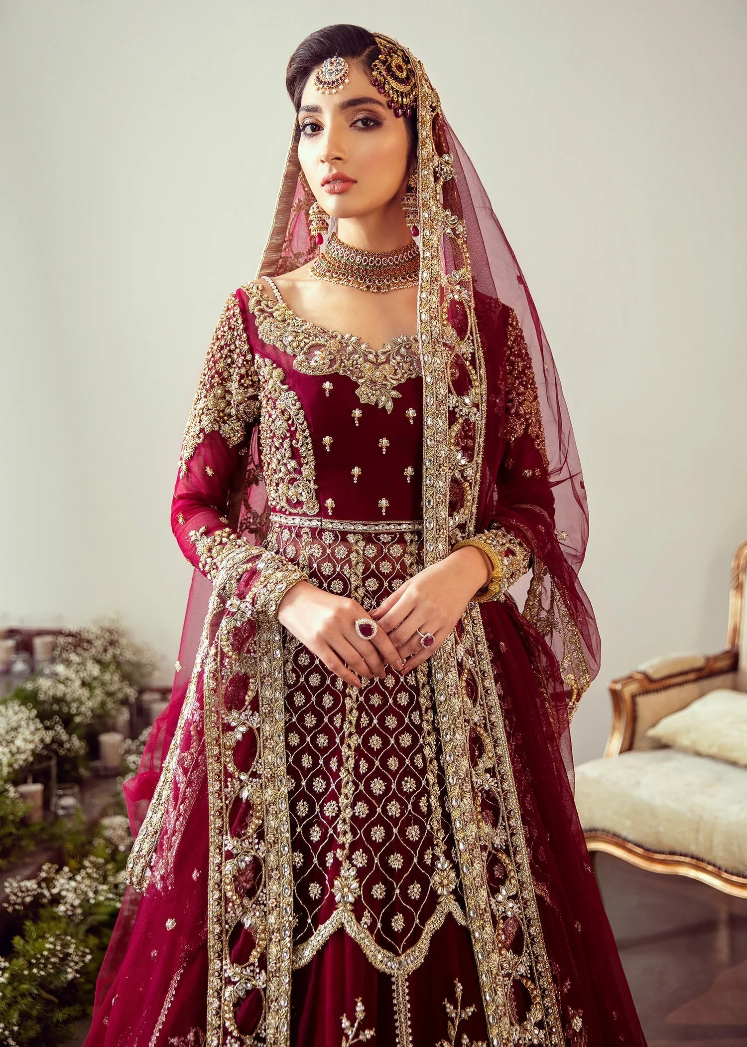 Elegant Cherry Red Embroidered Pakistani Bridal Lehenga pishwas Dress