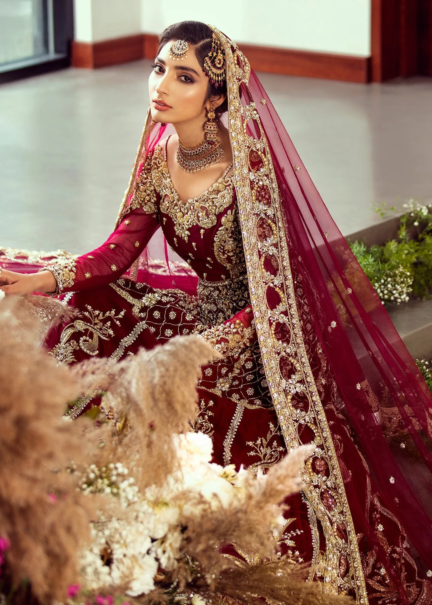 Elegant Cherry Red Embroidered Pakistani Bridal Lehenga pishwas Dress