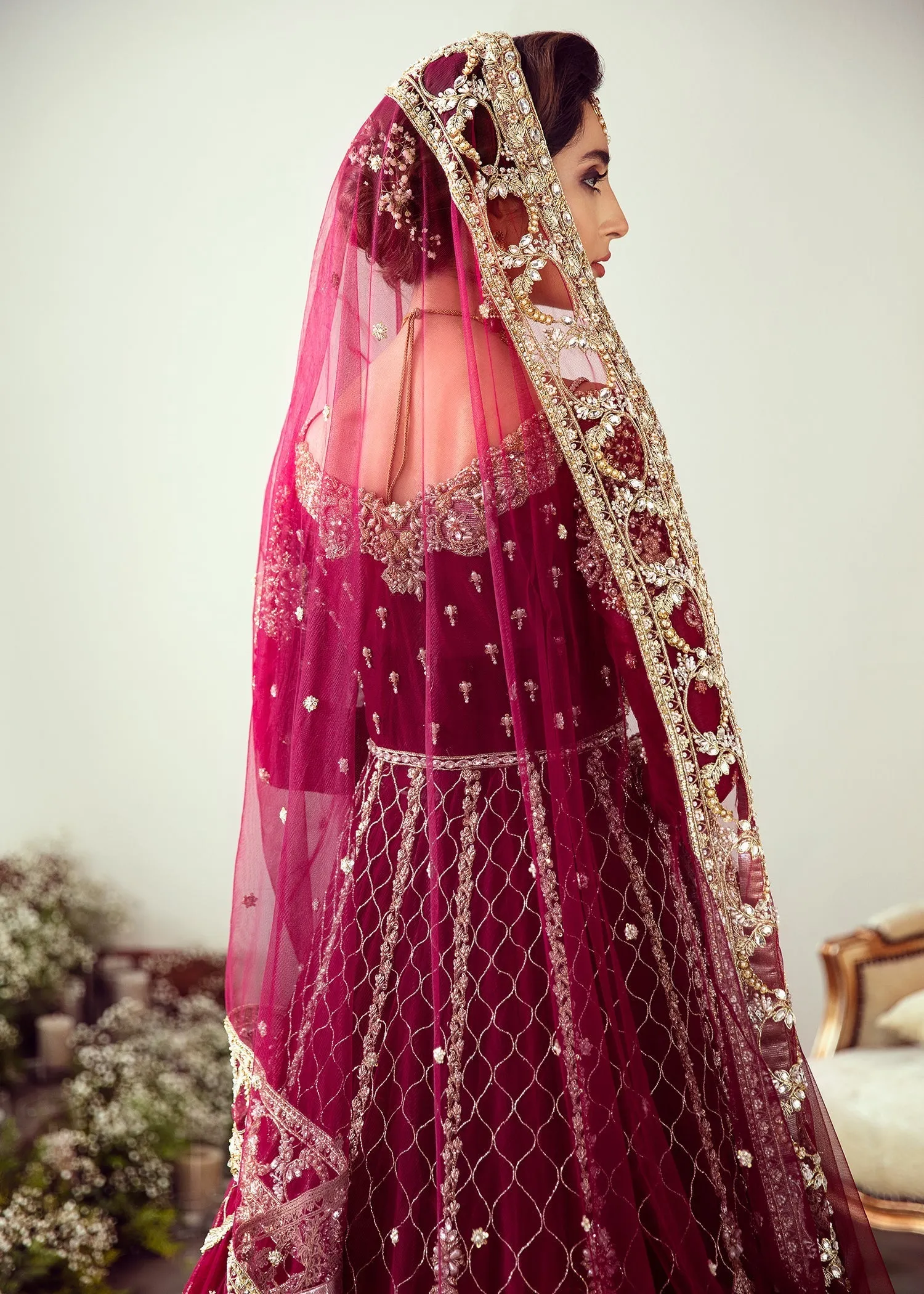 Elegant Cherry Red Embroidered Pakistani Bridal Lehenga pishwas Dress