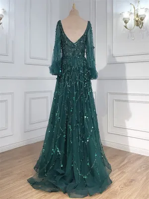 Elegant Luxury Shiny Beads Lantern Sleeve Evening Dress for Ladies