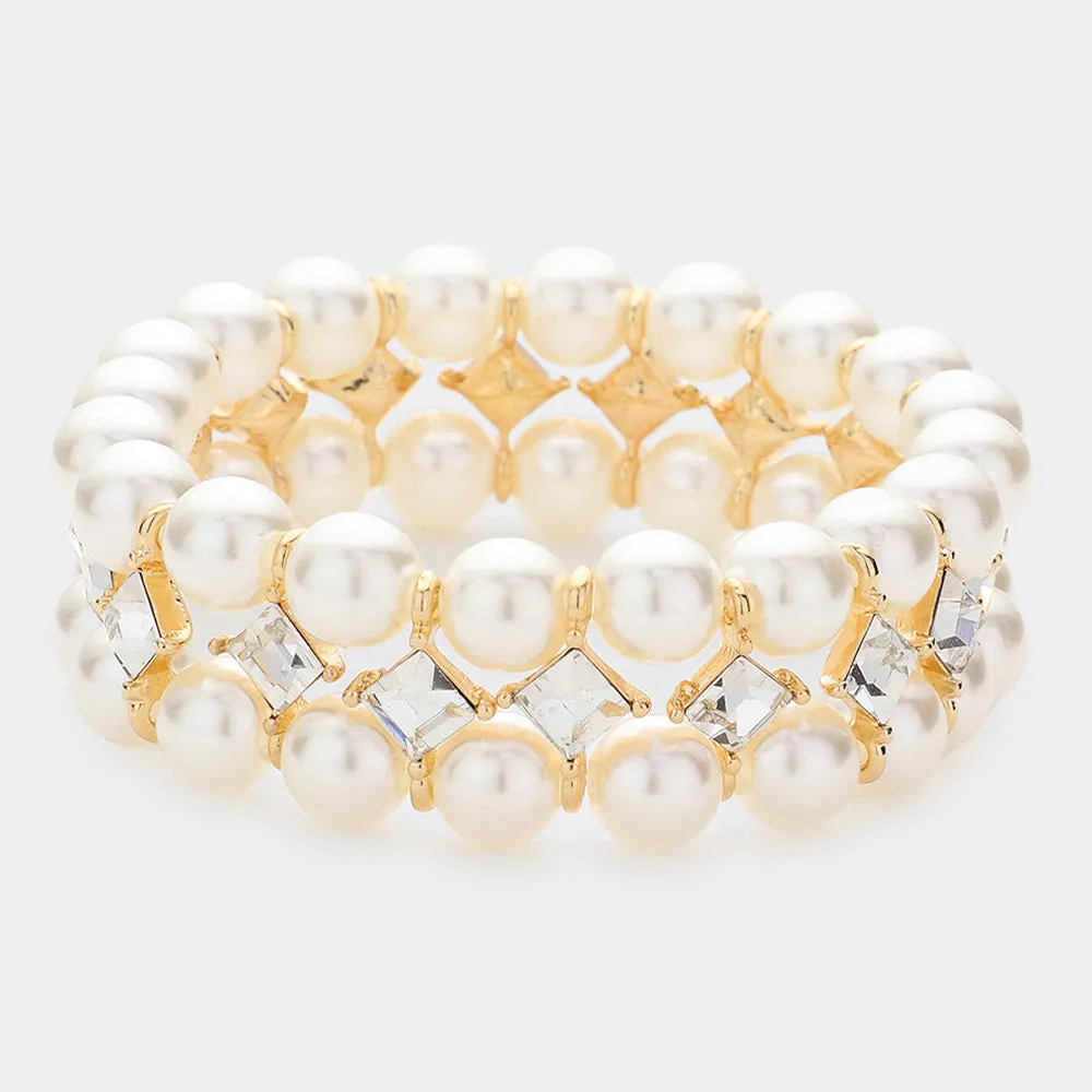 Elegant Square Stone Cream Pearl Accented Bridal Stretch Bracelet | Wedding Jewelry |  609155