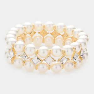 Elegant Square Stone Cream Pearl Accented Bridal Stretch Bracelet | Wedding Jewelry |  609155