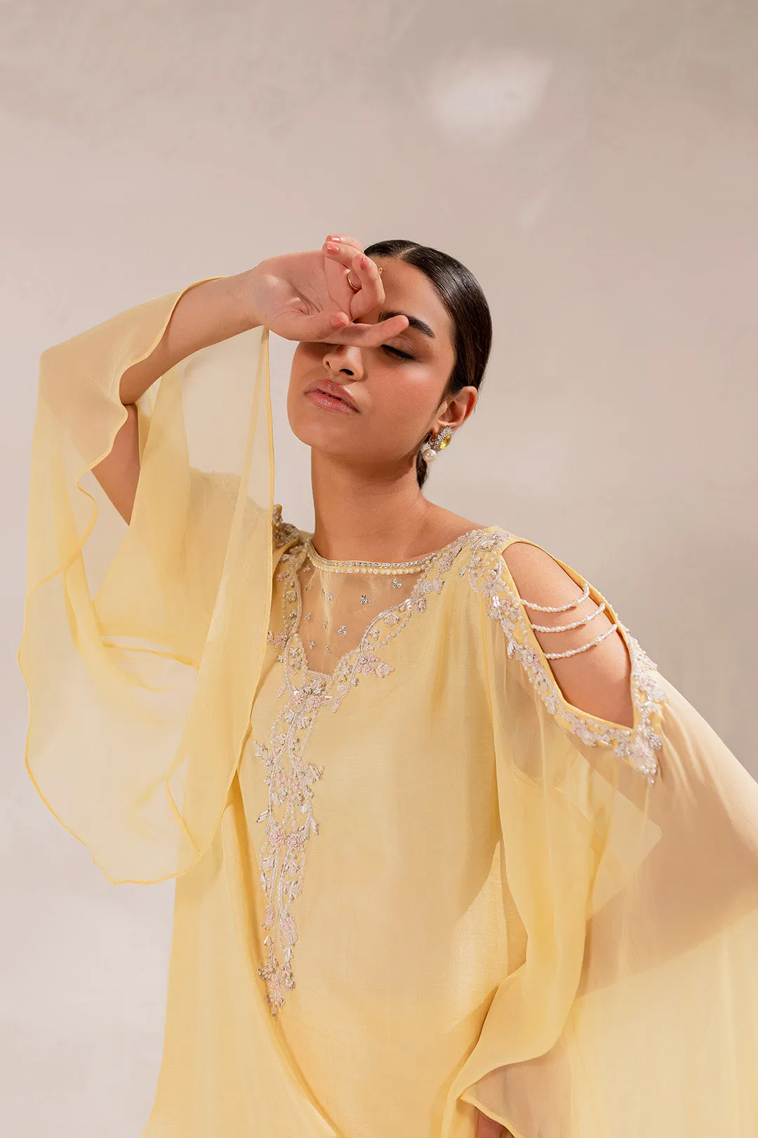 Embellished Raw Silk Pakistani Eid Dress in Yellow