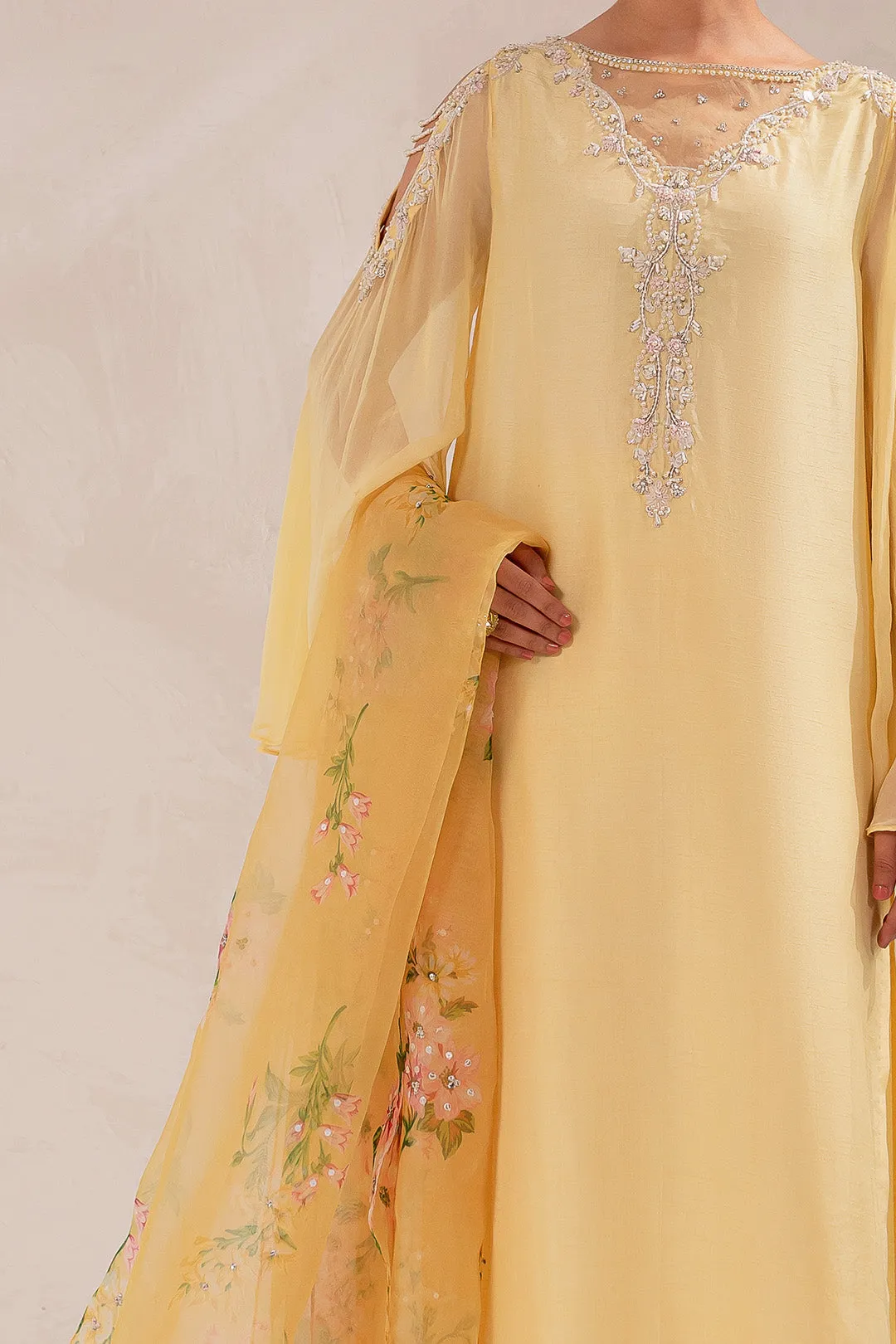 Embellished Raw Silk Pakistani Eid Dress in Yellow