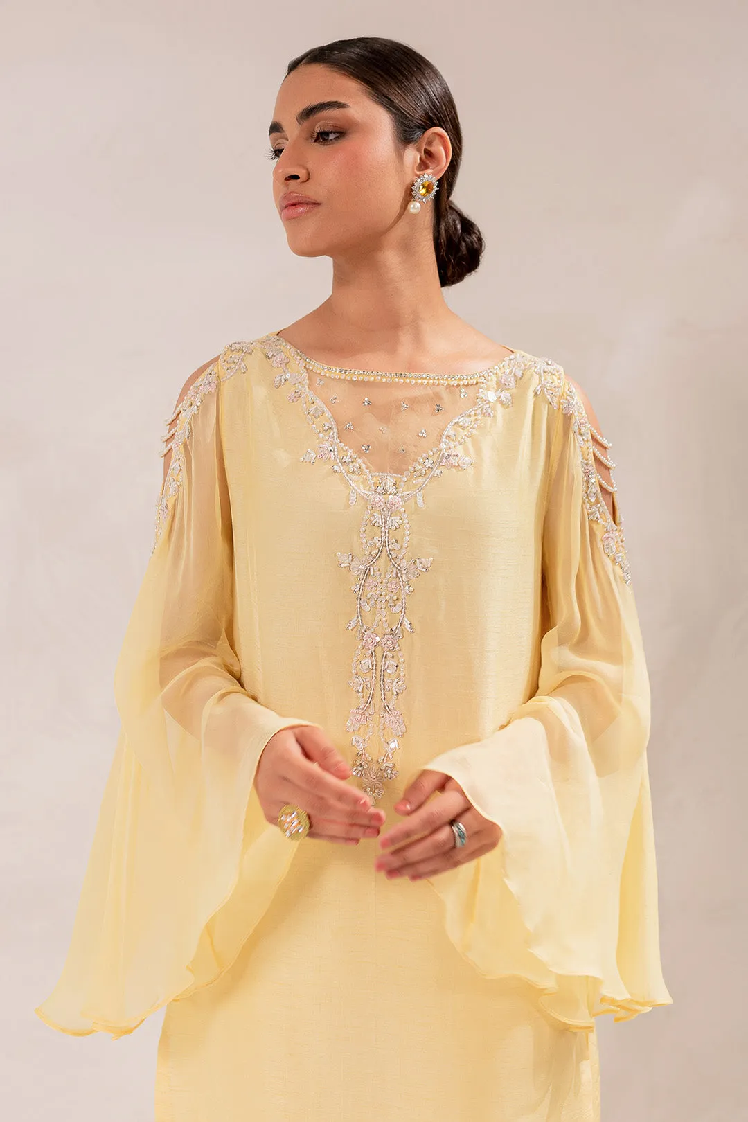 Embellished Raw Silk Pakistani Eid Dress in Yellow